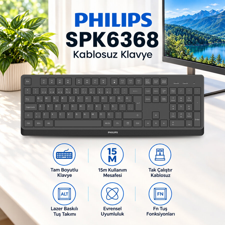 Philips SPK6368B 2.4G Kablosuz Türkçe Q Klavye Siyah - 2