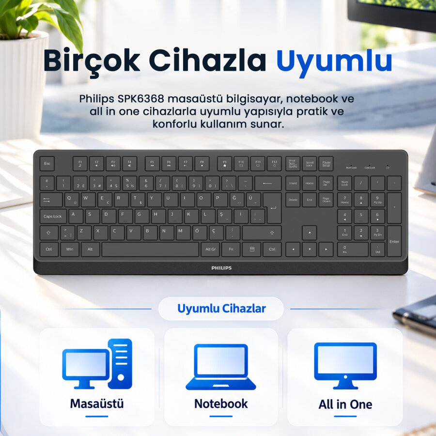 Philips SPK6368B 2.4G Kablosuz Türkçe Q Klavye Siyah - 7