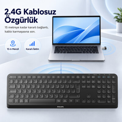 Philips SPK6407B 2 Kanallı Bluetooth Kablosuz Türkçe Q Klavye Multimedya Ofis Klavyesi Siyah - 2