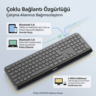 Philips SPK6407B 2 Kanallı Bluetooth Kablosuz Türkçe Q Klavye Multimedya Ofis Klavyesi Siyah - 3