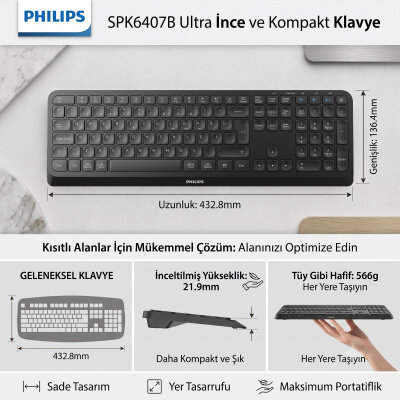 Philips SPK6407B 2 Kanallı Bluetooth Kablosuz Türkçe Q Klavye Multimedya Ofis Klavyesi Siyah - 4
