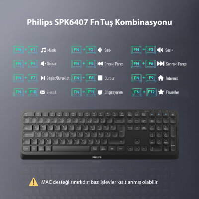 Philips SPK6407B 2 Kanallı Bluetooth Kablosuz Türkçe Q Klavye Multimedya Ofis Klavyesi Siyah - 5