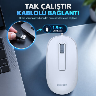 Philips SPK7238J USB Kablolu 1200 DPI Optik Mouse Hafif Ergonomik Günlük Kullanım Açık Mavi - 2