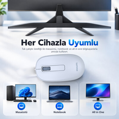 Philips SPK7238J USB Kablolu 1200 DPI Optik Mouse Hafif Ergonomik Günlük Kullanım Açık Mavi - 3