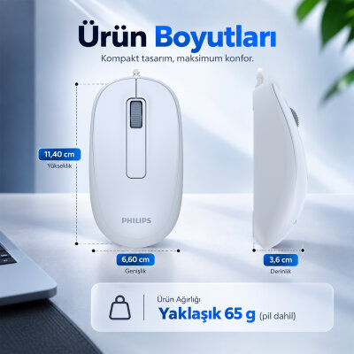Philips SPK7238J USB Kablolu 1200 DPI Optik Mouse Hafif Ergonomik Günlük Kullanım Açık Mavi - 5