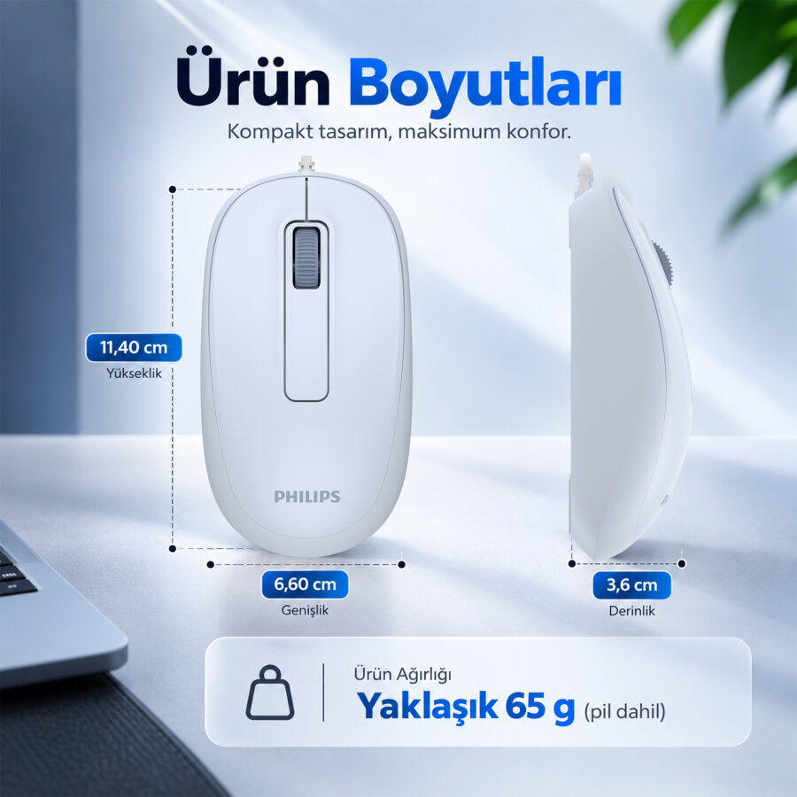 Philips SPK7238J USB Kablolu 1200 DPI Optik Mouse Hafif Ergonomik Günlük Kullanım Açık Mavi - 5