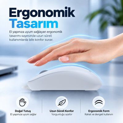 Philips SPK7238J USB Kablolu 1200 DPI Optik Mouse Hafif Ergonomik Günlük Kullanım Açık Mavi - 6
