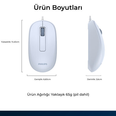 Philips SPK7238J USB Kablolu 1200 DPI Optik Mouse Hafif Ergonomik Günlük Kullanım Açık Mavi - 9