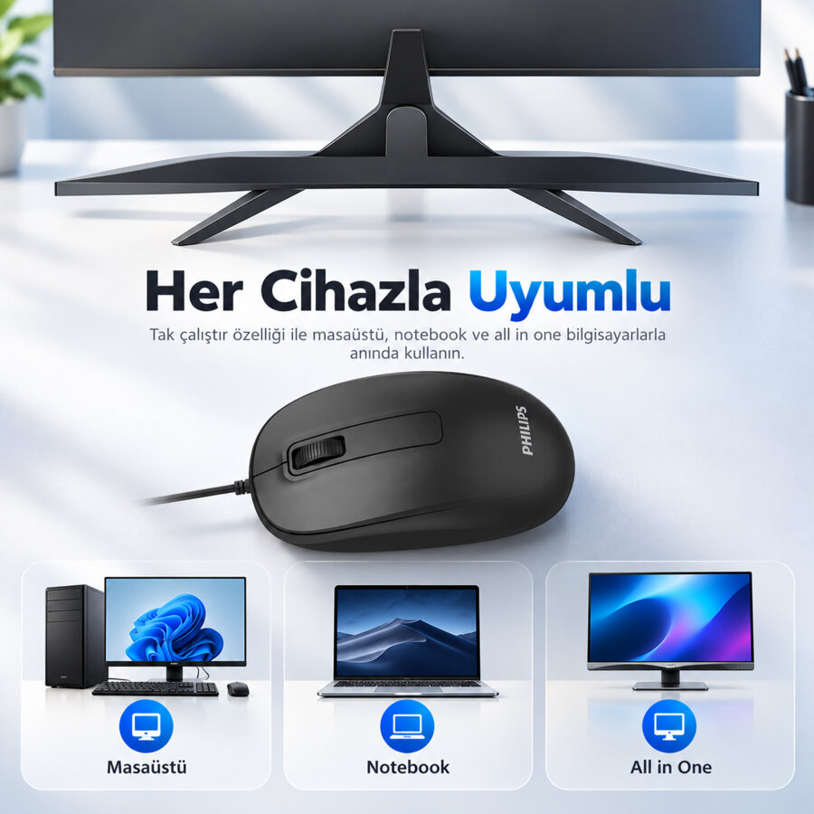 Philips SPK7358B Kablosuz 1600 DPI Sessiz Tıklama Optik Mouse 2.4GHz Wireless Ergonomik Siyah - 3
