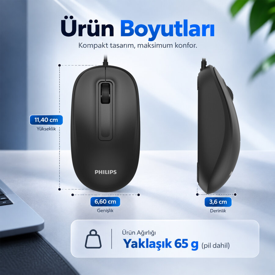 Philips SPK7358B Kablosuz 1600 DPI Sessiz Tıklama Optik Mouse 2.4GHz Wireless Ergonomik Siyah - 5