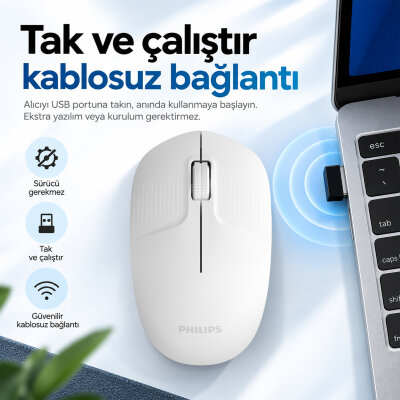 Philips SPK7358W Kablosuz 1600 DPI Sessiz Tıklama Optik Mouse 2.4GHz Wireless Ergonomik Beyaz - 2