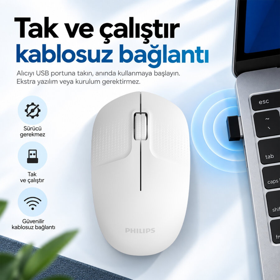 Philips SPK7358W Kablosuz 1600 DPI Sessiz Tıklama Optik Mouse 2.4GHz Wireless Ergonomik Beyaz - 2
