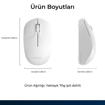 Philips SPK7358W Kablosuz 1600 DPI Sessiz Tıklama Optik Mouse 2.4GHz Wireless Ergonomik Beyaz - 8