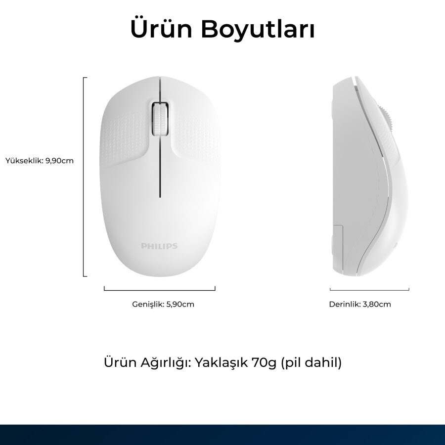 Philips SPK7358W Kablosuz 1600 DPI Sessiz Tıklama Optik Mouse 2.4GHz Wireless Ergonomik Beyaz - 8