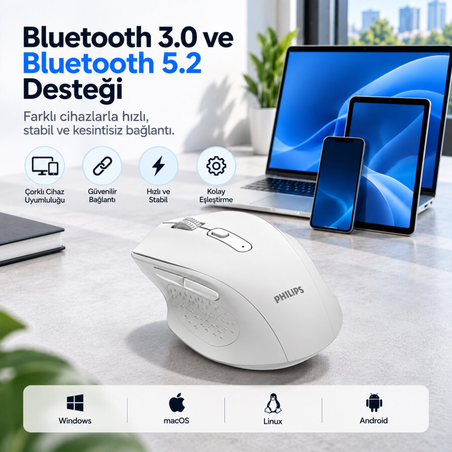 Philips SPK7547B Dual Mod Bluetooth ve 2.4G Kablosuz Ergonomik Sessiz Mouse 4000 DPI Siyah - 5