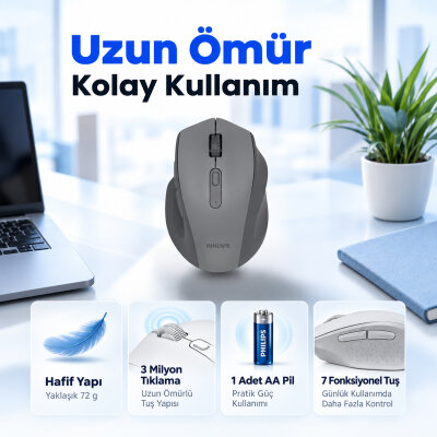 Philips SPK7547B Dual Mod Bluetooth ve 2.4G Kablosuz Ergonomik Sessiz Mouse 4000 DPI Siyah - 7