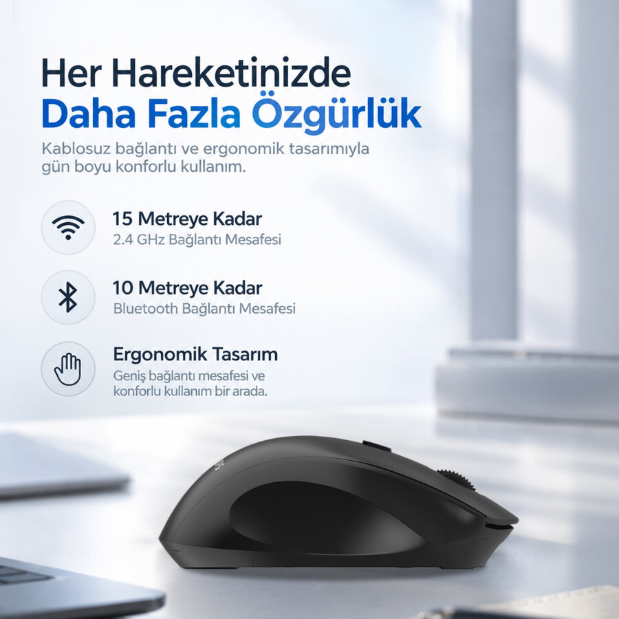Philips SPK7547G Dual Mod Bluetooth ve 2.4G Kablosuz Ergonomik Sessiz Mouse 4000 DPI Gri - 6