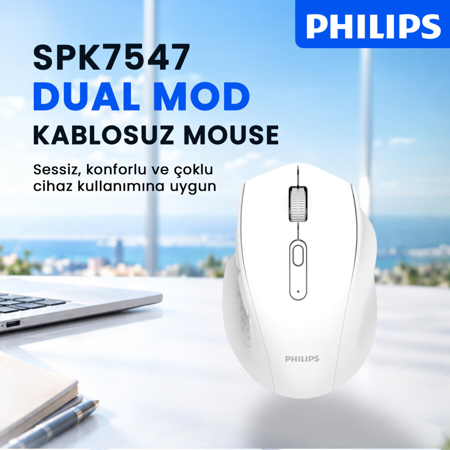 Philips SPK7547W Dual Mod Bluetooth ve 2.4G Kablosuz Ergonomik Sessiz Mouse 4000 DPI Beyaz - 2