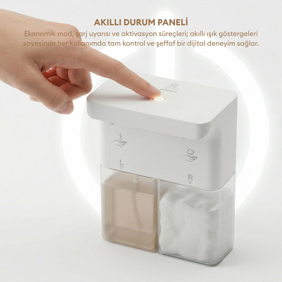 Pizen Bloom Duo Çift Hazneli Şarjlı Otomatik Sensörlü Sıvı Sabunluk 3 Kademeli IPX5 Suya Dayanıklı Dispenseri - 6