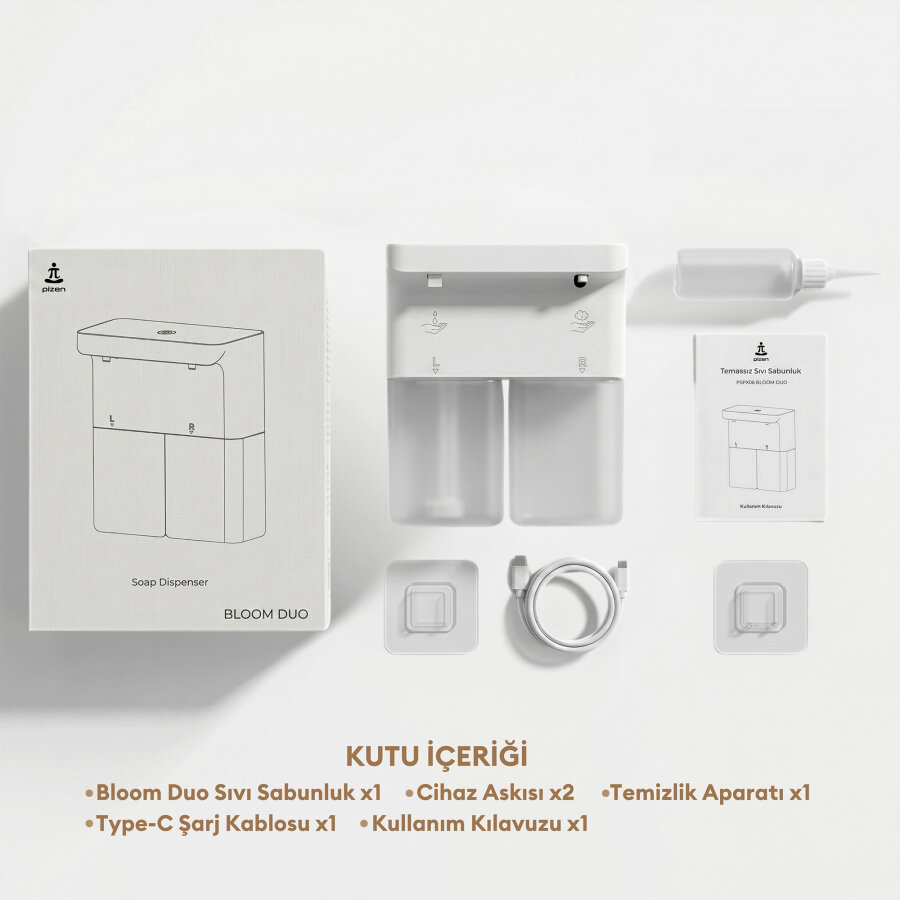 Pizen Bloom Duo Çift Hazneli Şarjlı Otomatik Sensörlü Sıvı Sabunluk 3 Kademeli IPX5 Suya Dayanıklı Dispenseri - 8