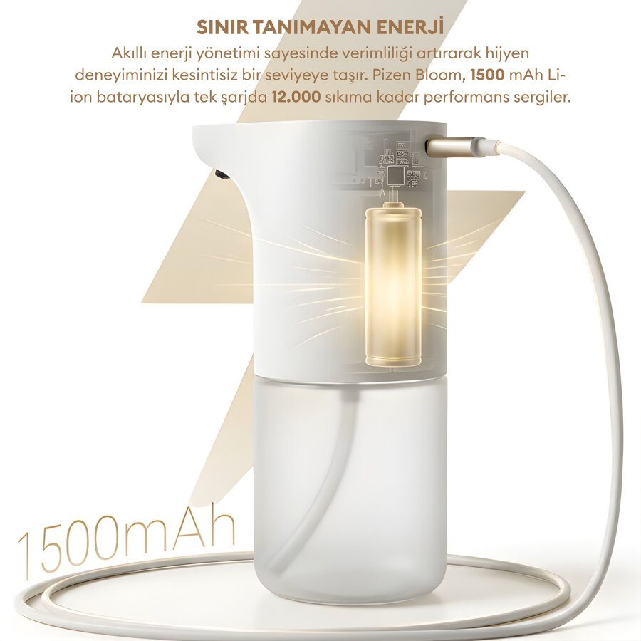 Pizen Bloom Şarjlı Otomatik Sensörlü Köpük Sıvı Sabunluk 2 Kademeli Akış IPX5 Suya Dayanıklı Dispenseri - 7