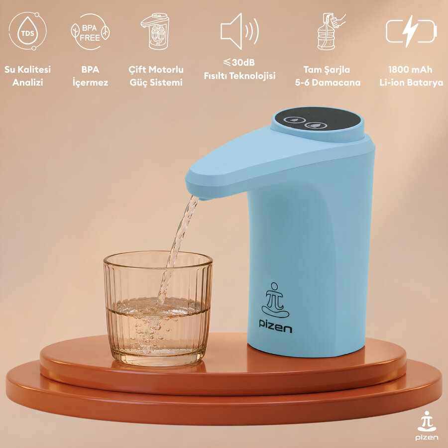 Pizen Flow Şarjlı Otomatik Damacana Su Pompası TDS Ölçer 250ml 500ml 1L 2L Ölçü Özellikli Mavi - 2