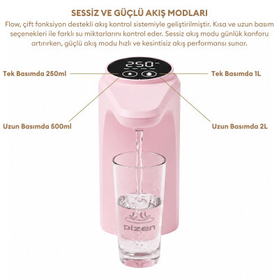 Pizen Flow Şarjlı Otomatik Damacana Su Pompası TDS Ölçer 250ml 500ml 1L 2L Ölçü Özellikli Pembe - 6