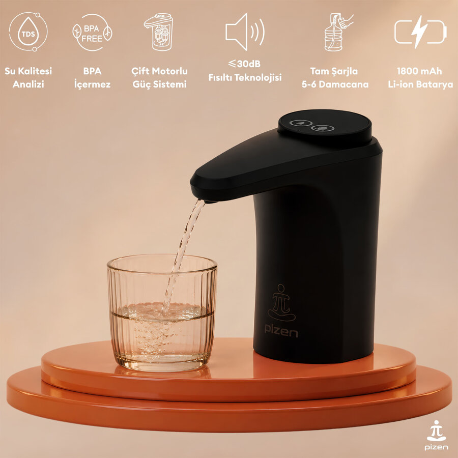 Pizen Flow Şarjlı Otomatik Damacana Su Pompası TDS Ölçer 250ml 500ml 1L 2L Ölçü Özellikli Siyah - 2