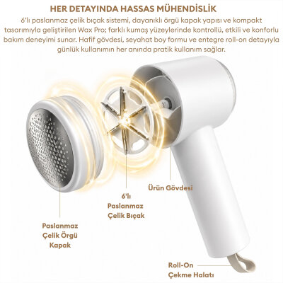 Pizen Wax Pro 6 Bıçaklı Şarjlı Tüy Tiftik Temizleme Makinesi Dahili Toplama Rulosu 2 in 1 Lint Roller Beyaz - 6