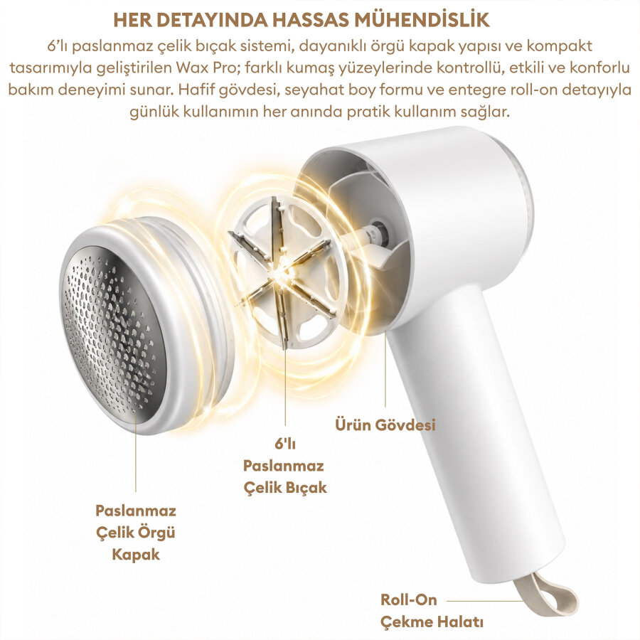 Pizen Wax Pro 6 Bıçaklı Şarjlı Tüy Tiftik Temizleme Makinesi Dahili Toplama Rulosu 2 in 1 Lint Roller Beyaz - 6