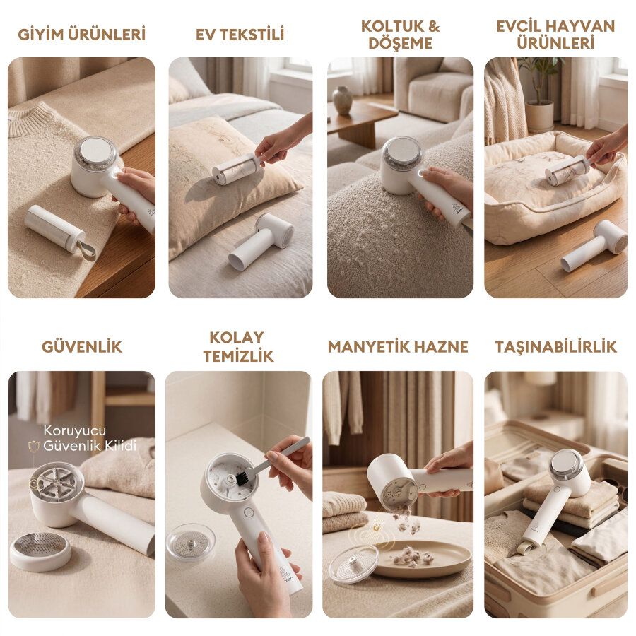 Pizen Wax Pro 6 Bıçaklı Şarjlı Tüy Tiftik Temizleme Makinesi Dahili Toplama Rulosu 2 in 1 Lint Roller Beyaz - 9