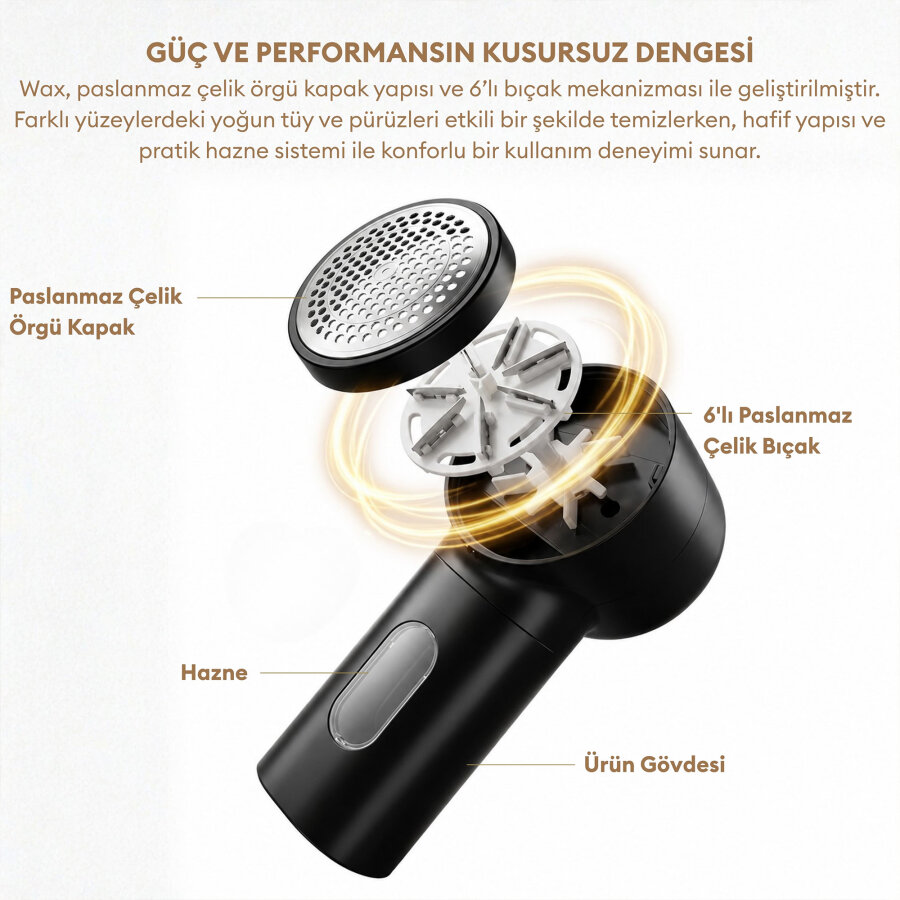 Pizen Wax Şarjlı Taşınabilir Tüy Tiftik Temizleyici 3 Kademeli Dijital Göstergeli 2 Yedek Bıçaklı Lint Roller Siyah - 6