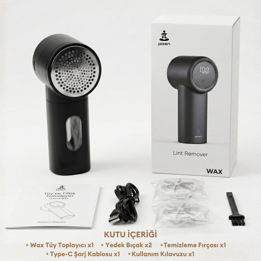 Pizen Wax Şarjlı Taşınabilir Tüy Tiftik Temizleyici 3 Kademeli Dijital Göstergeli 2 Yedek Bıçaklı Lint Roller Siyah - 9