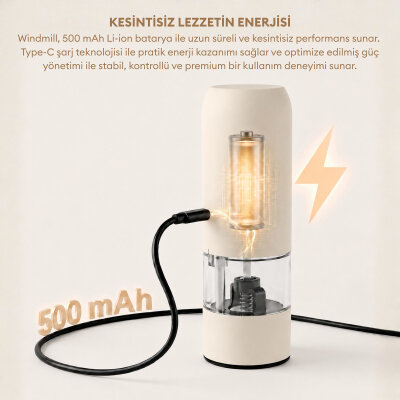 Pizen Windmill Şarjlı Otomatik Baharat Öğütücü LED Işıklı Tuz Karabiber Değirmeni Elektrikli Baharat Değirmeni Bej - 3