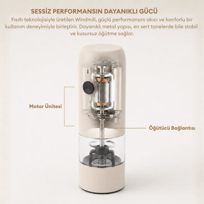 Pizen Windmill Şarjlı Otomatik Baharat Öğütücü LED Işıklı Tuz Karabiber Değirmeni Elektrikli Baharat Değirmeni Bej - 4
