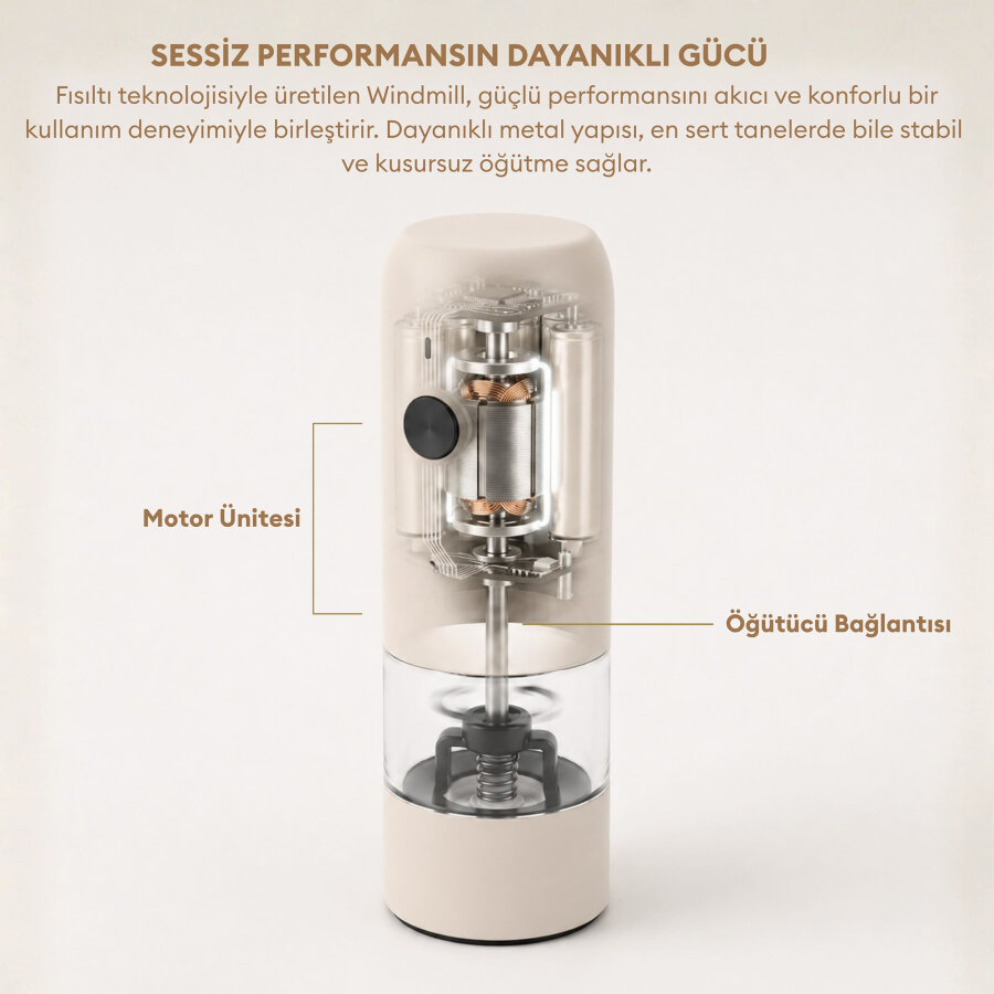 Pizen Windmill Şarjlı Otomatik Baharat Öğütücü LED Işıklı Tuz Karabiber Değirmeni Elektrikli Baharat Değirmeni Bej - 4