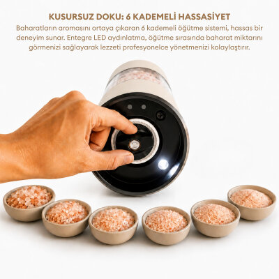 Pizen Windmill Şarjlı Otomatik Baharat Öğütücü LED Işıklı Tuz Karabiber Değirmeni Elektrikli Baharat Değirmeni Bej - 6