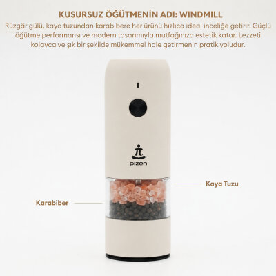 Pizen Windmill Şarjlı Otomatik Baharat Öğütücü LED Işıklı Tuz Karabiber Değirmeni Elektrikli Baharat Değirmeni Bej - 7