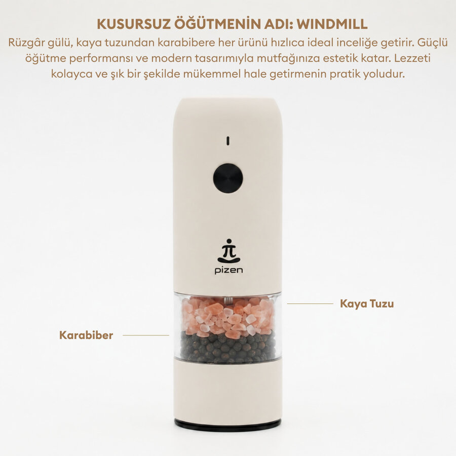Pizen Windmill Şarjlı Otomatik Baharat Öğütücü LED Işıklı Tuz Karabiber Değirmeni Elektrikli Baharat Değirmeni Bej - 7