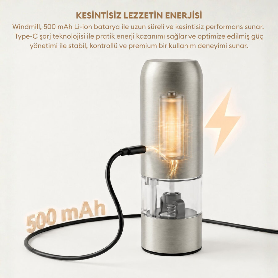 Pizen Windmill Şarjlı Otomatik Baharat Öğütücü LED Işıklı Tuz Karabiber Değirmeni Elektrikli Baharat Değirmeni Gümüş - 3