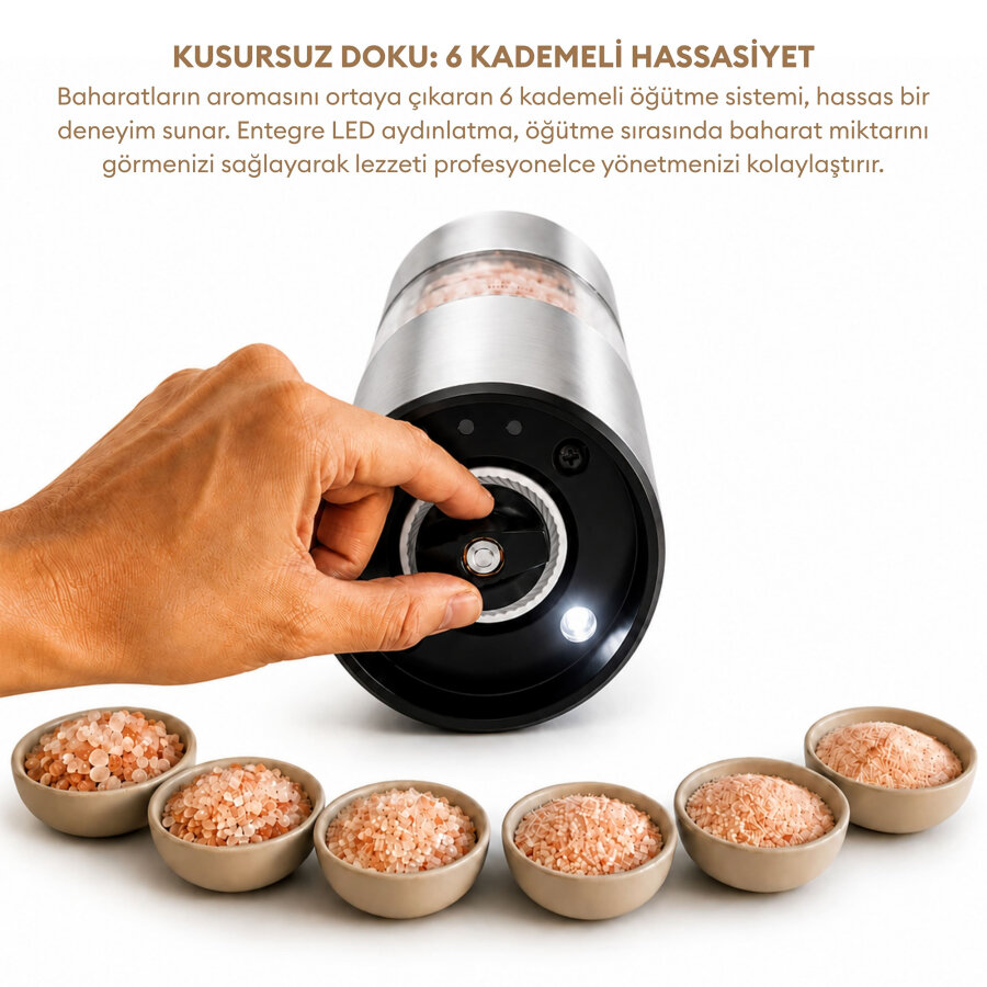 Pizen Windmill Şarjlı Otomatik Baharat Öğütücü LED Işıklı Tuz Karabiber Değirmeni Elektrikli Baharat Değirmeni Gümüş - 6