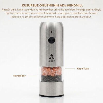 Pizen Windmill Şarjlı Otomatik Baharat Öğütücü LED Işıklı Tuz Karabiber Değirmeni Elektrikli Baharat Değirmeni Gümüş - 7