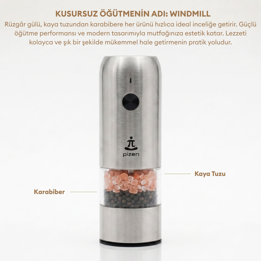 Pizen Windmill Şarjlı Otomatik Baharat Öğütücü LED Işıklı Tuz Karabiber Değirmeni Elektrikli Baharat Değirmeni Gümüş - 7