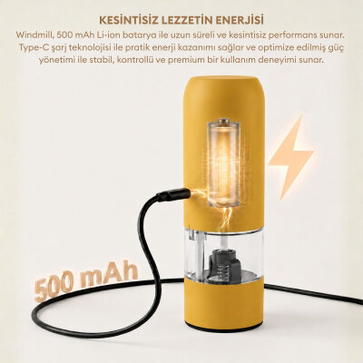 Pizen Windmill Şarjlı Otomatik Baharat Öğütücü LED Işıklı Tuz Karabiber Değirmeni Elektrikli Baharat Değirmeni Sarı - 3