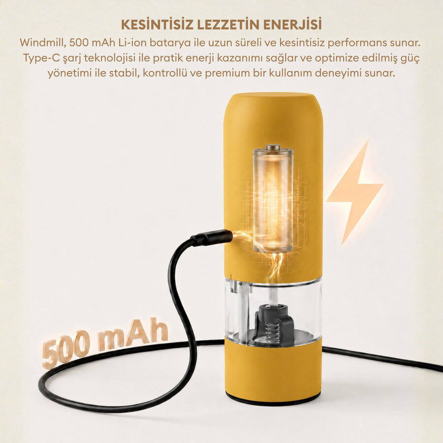 Pizen Windmill Şarjlı Otomatik Baharat Öğütücü LED Işıklı Tuz Karabiber Değirmeni Elektrikli Baharat Değirmeni Sarı - 3
