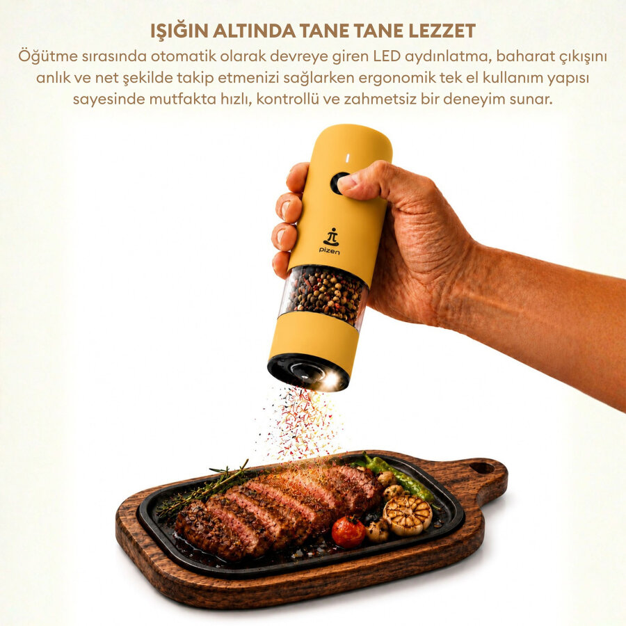 Pizen Windmill Şarjlı Otomatik Baharat Öğütücü LED Işıklı Tuz Karabiber Değirmeni Elektrikli Baharat Değirmeni Sarı - 5