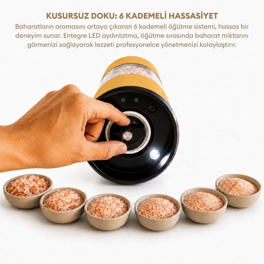 Pizen Windmill Şarjlı Otomatik Baharat Öğütücü LED Işıklı Tuz Karabiber Değirmeni Elektrikli Baharat Değirmeni Sarı - 6