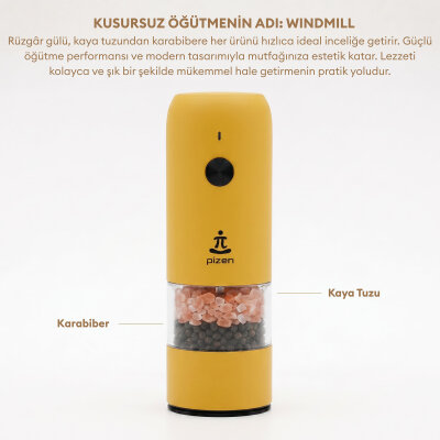 Pizen Windmill Şarjlı Otomatik Baharat Öğütücü LED Işıklı Tuz Karabiber Değirmeni Elektrikli Baharat Değirmeni Sarı - 7