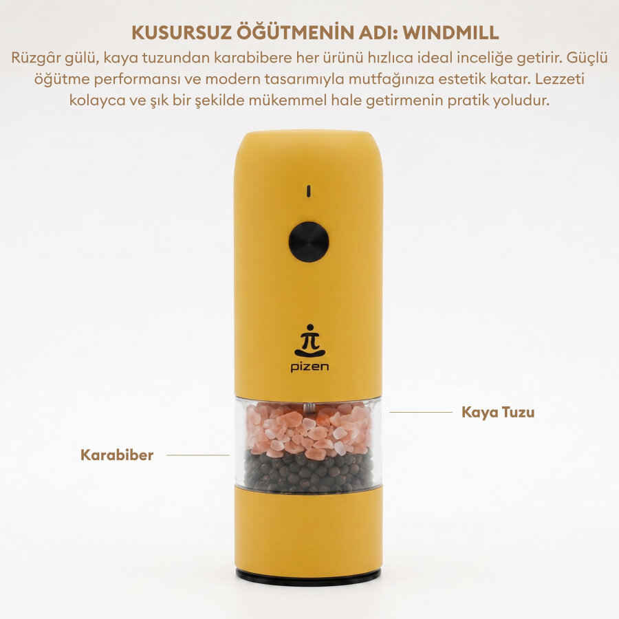 Pizen Windmill Şarjlı Otomatik Baharat Öğütücü LED Işıklı Tuz Karabiber Değirmeni Elektrikli Baharat Değirmeni Sarı - 7