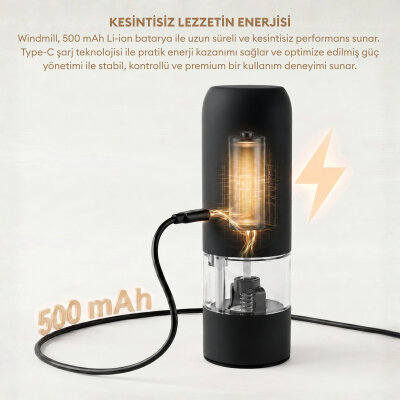 Pizen Windmill Şarjlı Otomatik Baharat Öğütücü LED Işıklı Tuz Karabiber Değirmeni Elektrikli Baharat Değirmeni Siyah - 3